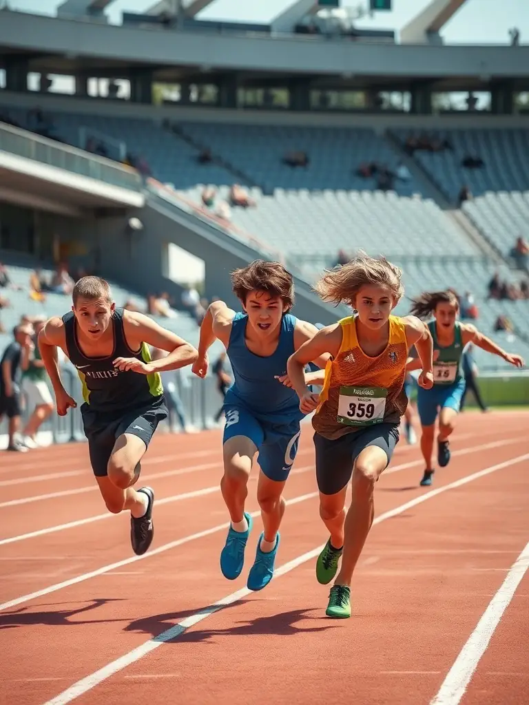 A vibrant image of young athletes participating in a track and field event, showcasing the energy and excitement of the DOUBLE T ASSOCIATION's youth sports program.