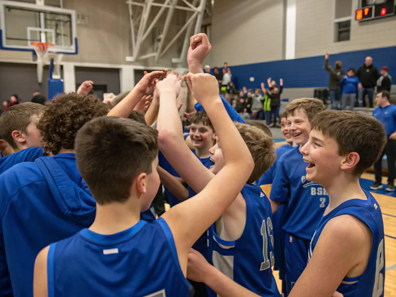 An inspiring image of a team of basketball players celebrating a victory, highlighting the association's focus on team sports and collaborative achievement.