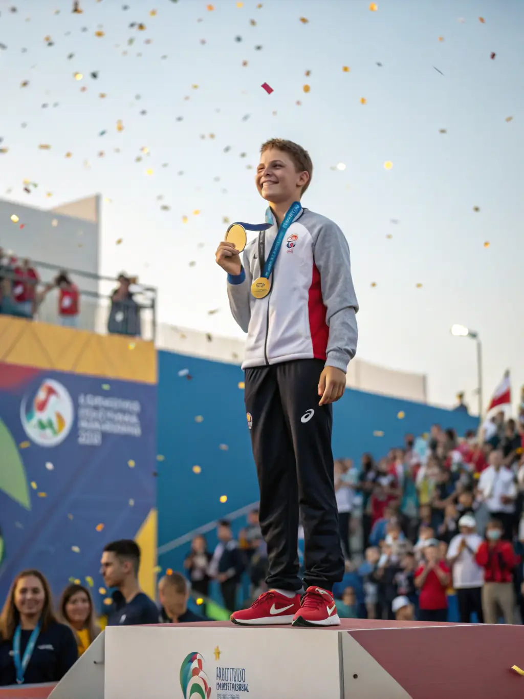 An inspiring image of athletes receiving awards at a sports competition, highlighting the association's role in organizing and supporting competitive events.
