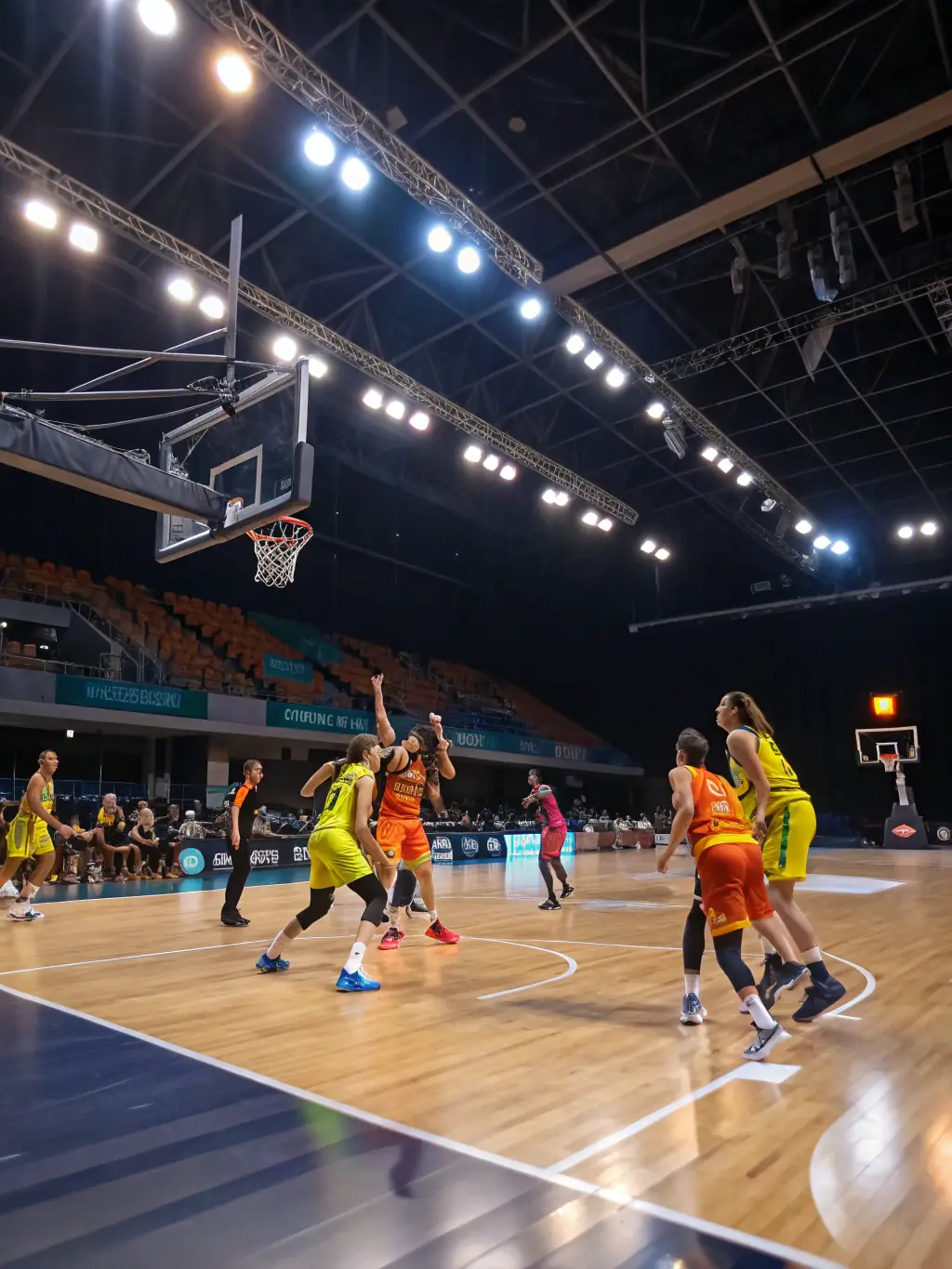 An inspiring image of a team of basketball players in action, emphasizing the DOUBLE T ASSOCIATION's commitment to team sports.