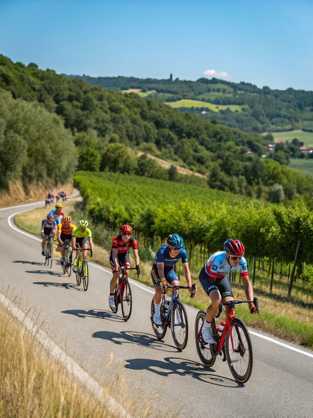 A dynamic image featuring a team of cyclists racing through a scenic route, representing the association's commitment to facilitating sports-related travel and accommodation.