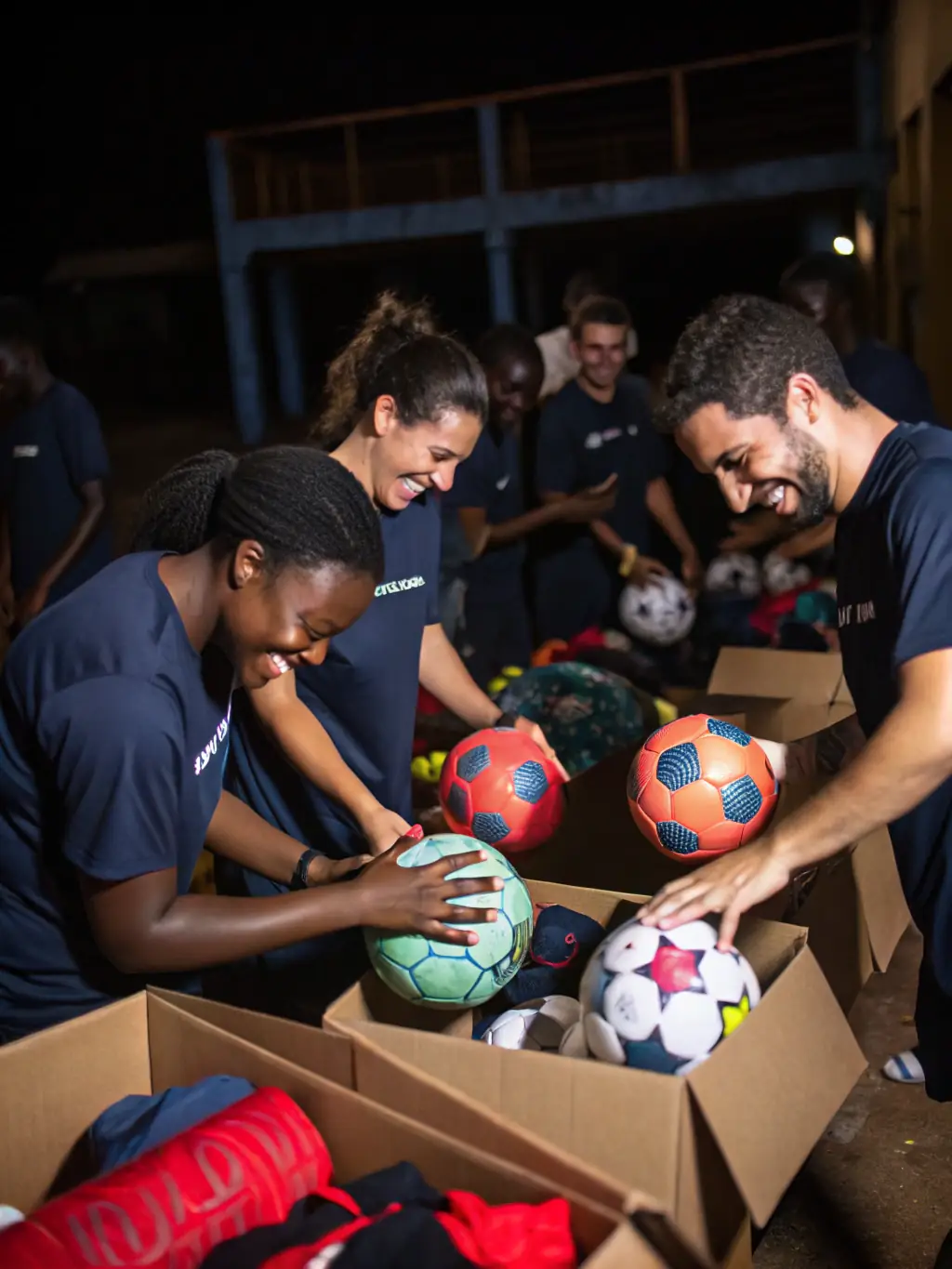 An image showing sports equipment being donated to a local sports club, illustrating the association's commitment to providing resources for sports activities.