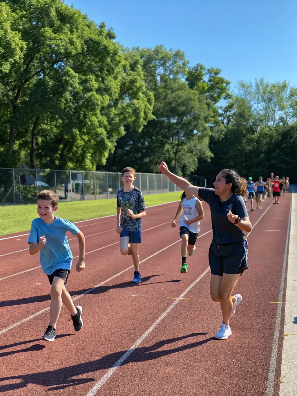 A vibrant image of young athletes participating in a track and field event, showcasing the energy and enthusiasm of the DOUBLE T ASSOCIATION's youth programs.
